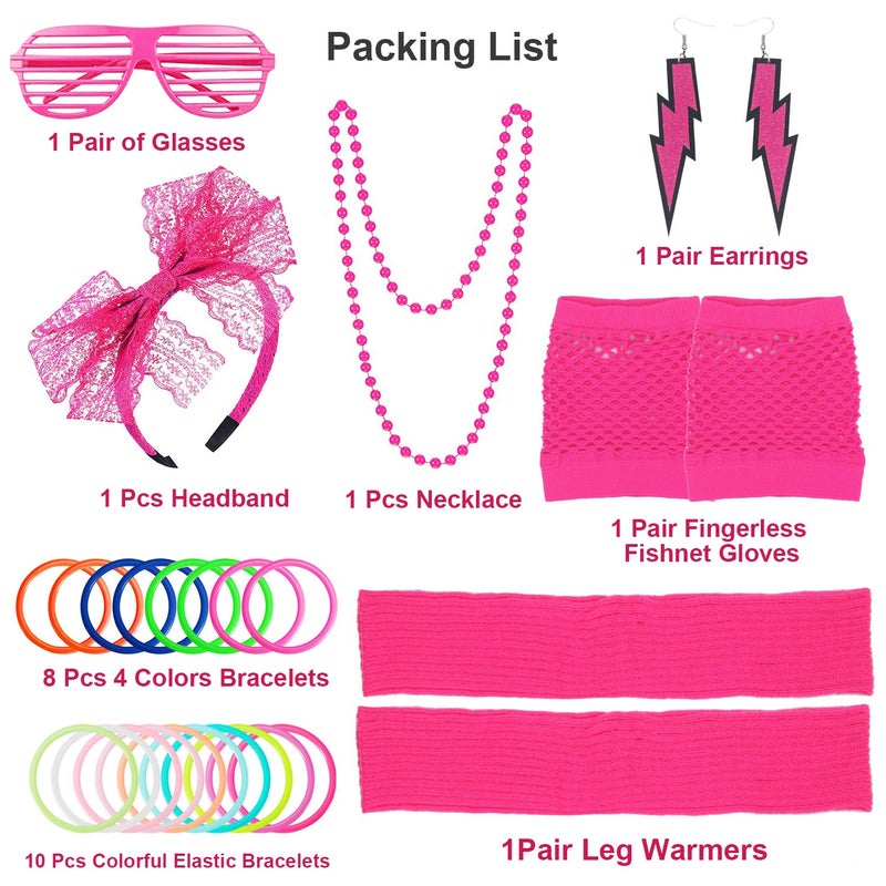 ztweden 80s Women's Costume Outfit Accessories Set Headband Earrings Fishnet Gloves Necklace Bracelet Leg Warmers Pink - Image 2